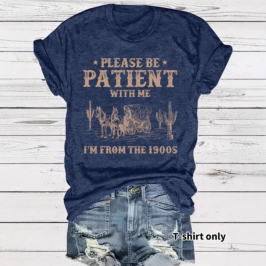 Western denim pattern round neck short sleeved T-shirt