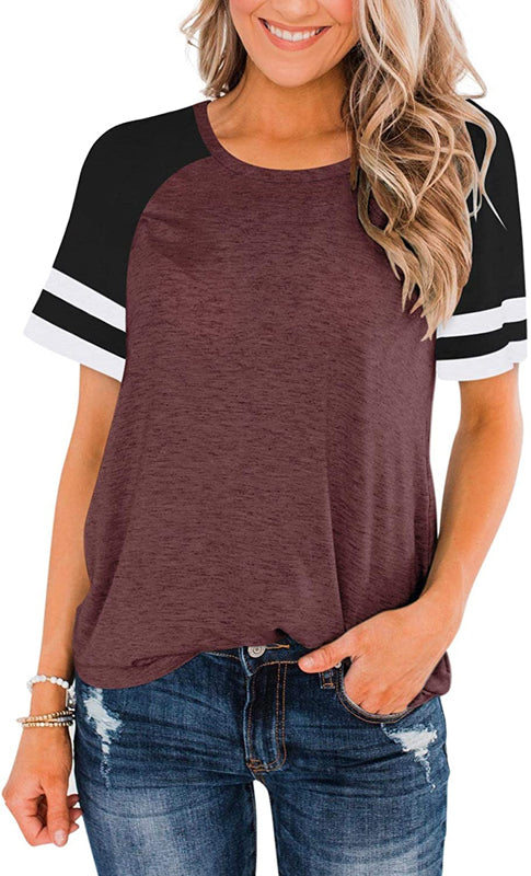 T-Shirt Summer Round Neck Short Sleeve Striped Contrast Color Loose Plus Size
