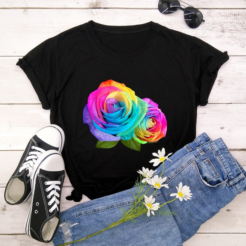 Summer Cotton Women T Shirt Plus Size Colorful Flower
