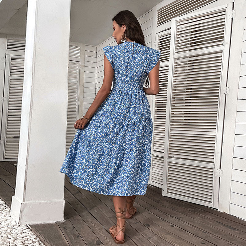 Summer Printed Women Midi Skirt European And American High Waist Small Flying Sleeve Floral Dress