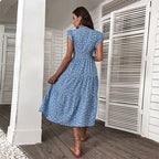 Summer Printed Women Midi Skirt European And American High Waist Small Flying Sleeve Floral Dress