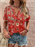 Women's Plus Size Printed Notched Short Sleeve Blouse