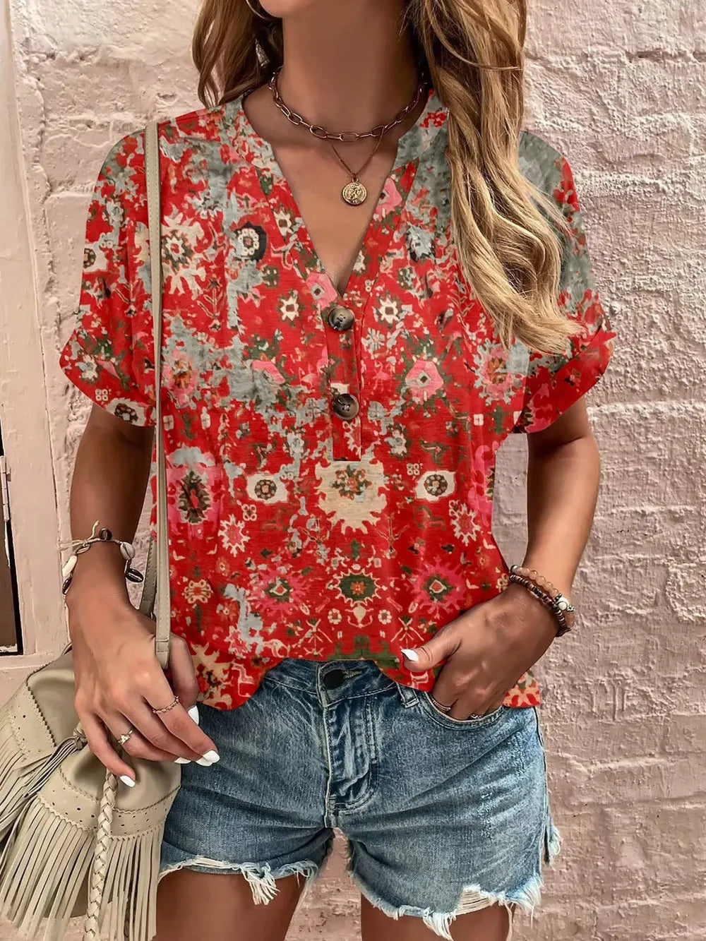 Women's Plus Size Printed Notched Short Sleeve Blouse