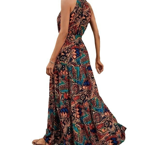 Women's printed retro neck hanging bohemian dress for women