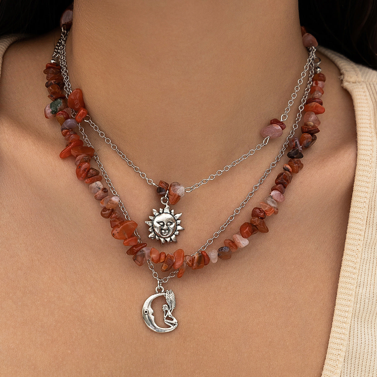 Women's Tassel ethnic style layered flower and leaf necklace, cross-border hot selling crushed stone bead necklace