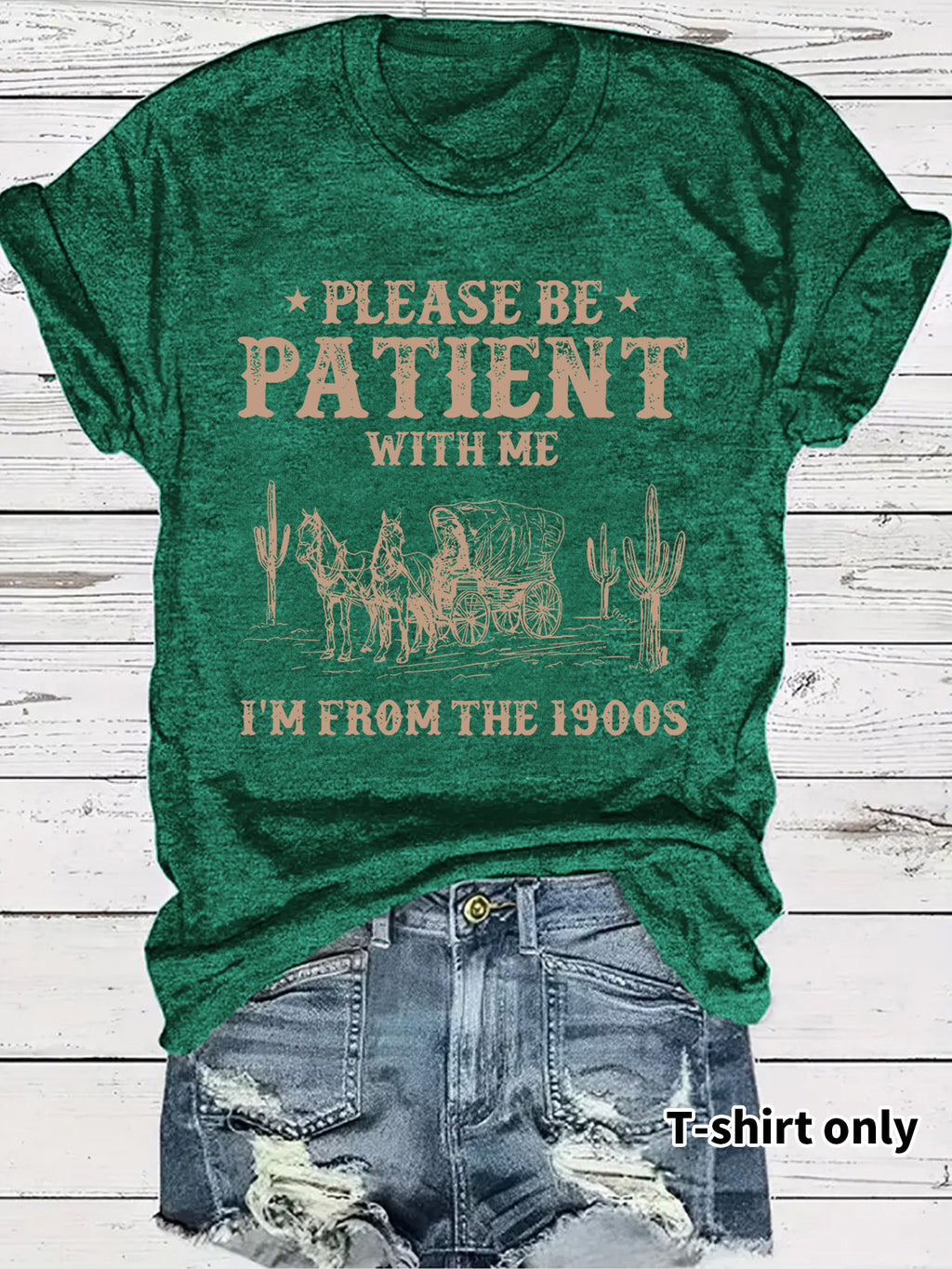 Western denim pattern round neck short sleeved T-shirt