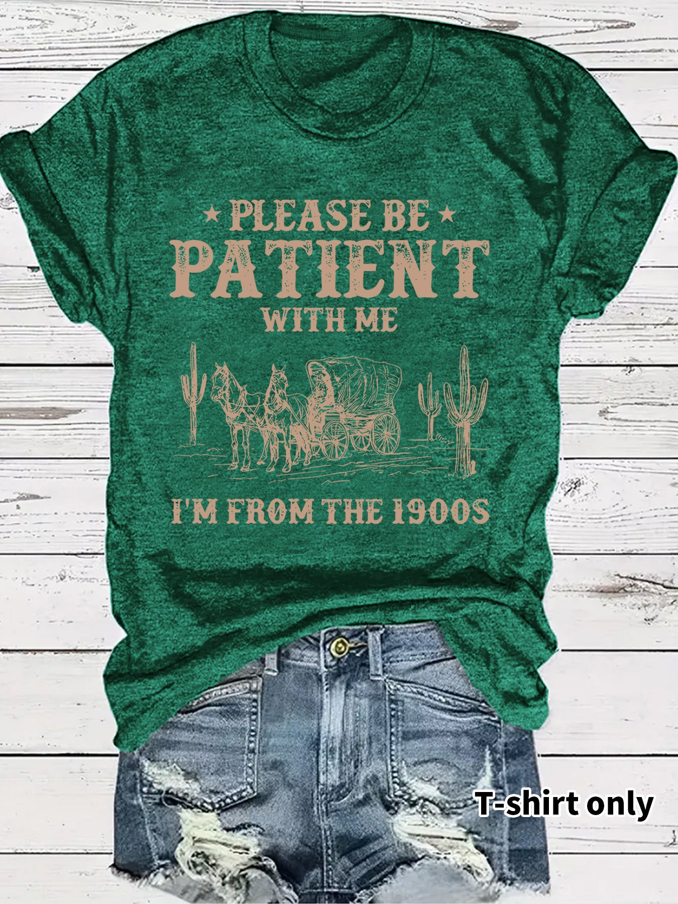 Western denim pattern round neck short sleeved T-shirt