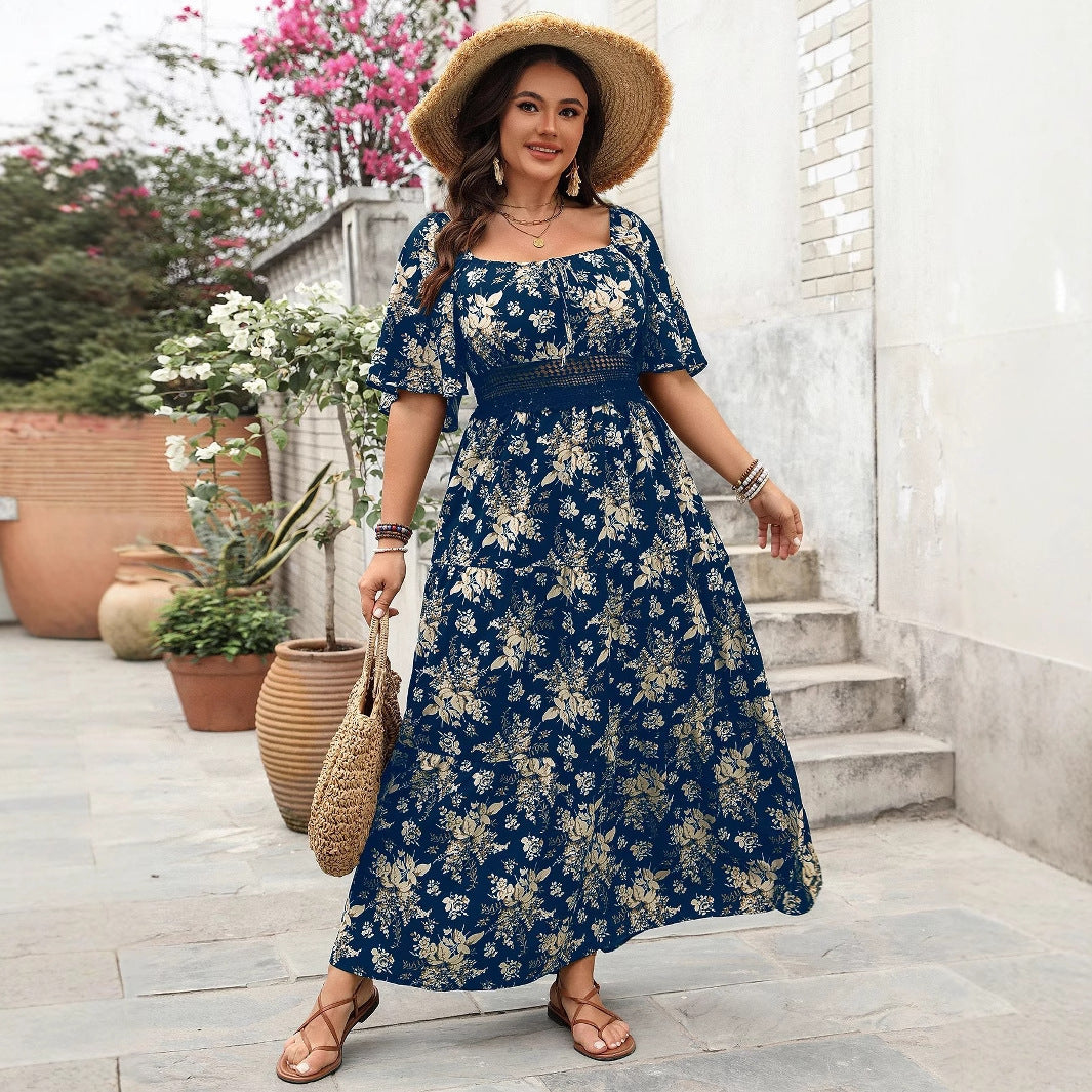 Vintage Square Neck Printed Plus Size Short Sleeve Dress