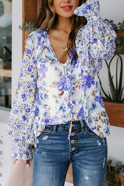 Boho Floral Smocked Puff Sleeve Blouse