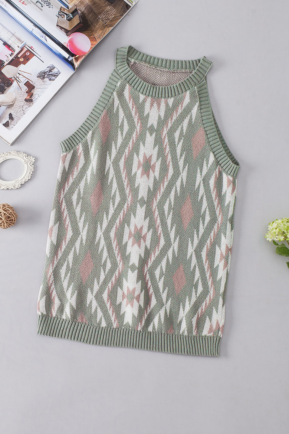 Women's Laurel Green Western Tribal Aztec Pattern Knit Sweater Tank Top