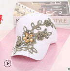 Women's Baseball Diamond Embroidery Flower Denim Snapback Cap