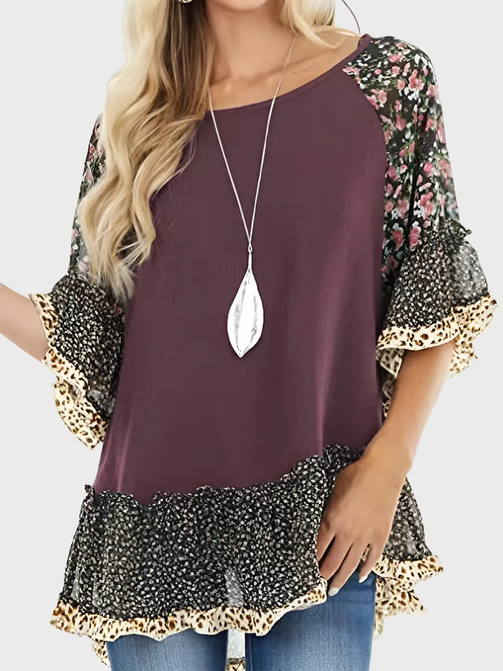 Woman's Blouse Printed Round Neck Half Sleeve Top