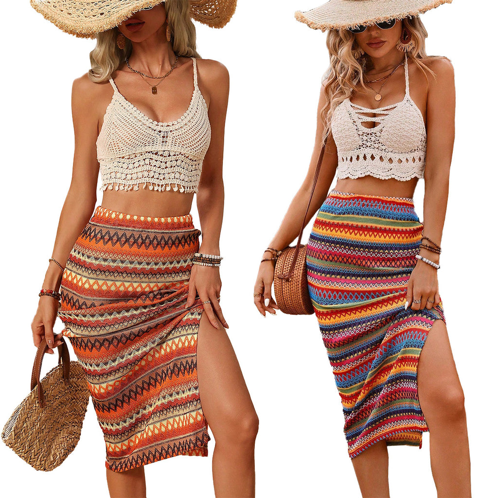 Woman's Elastic Knit Bohemian Split Skirt