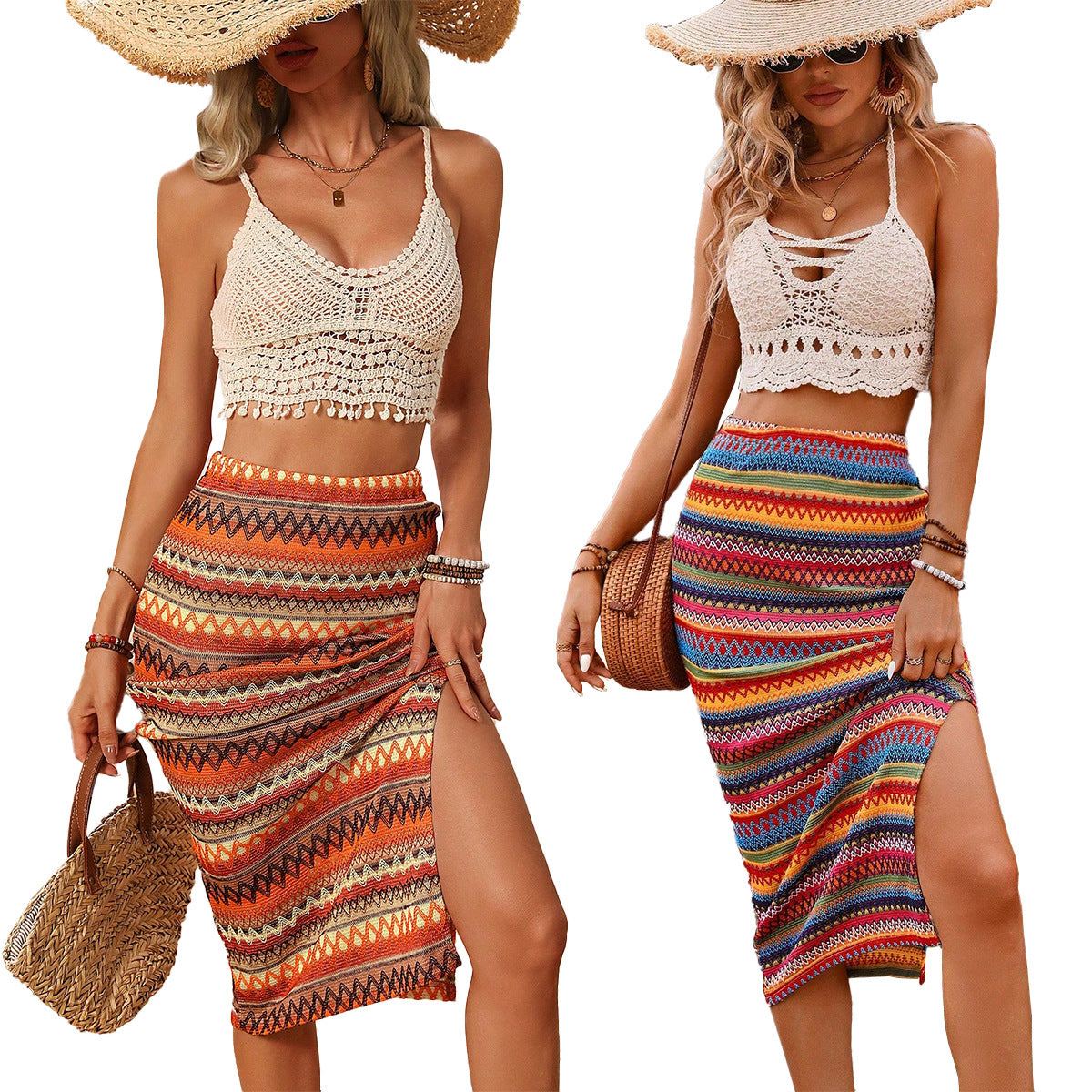 Woman's Elastic Knit Bohemian Split Skirt