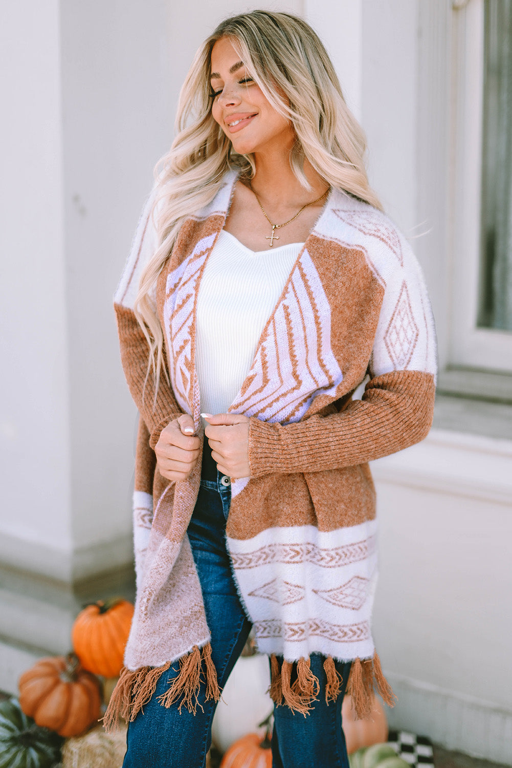 Women's Brown Western Furry Knit Tassel Hem Cardigan