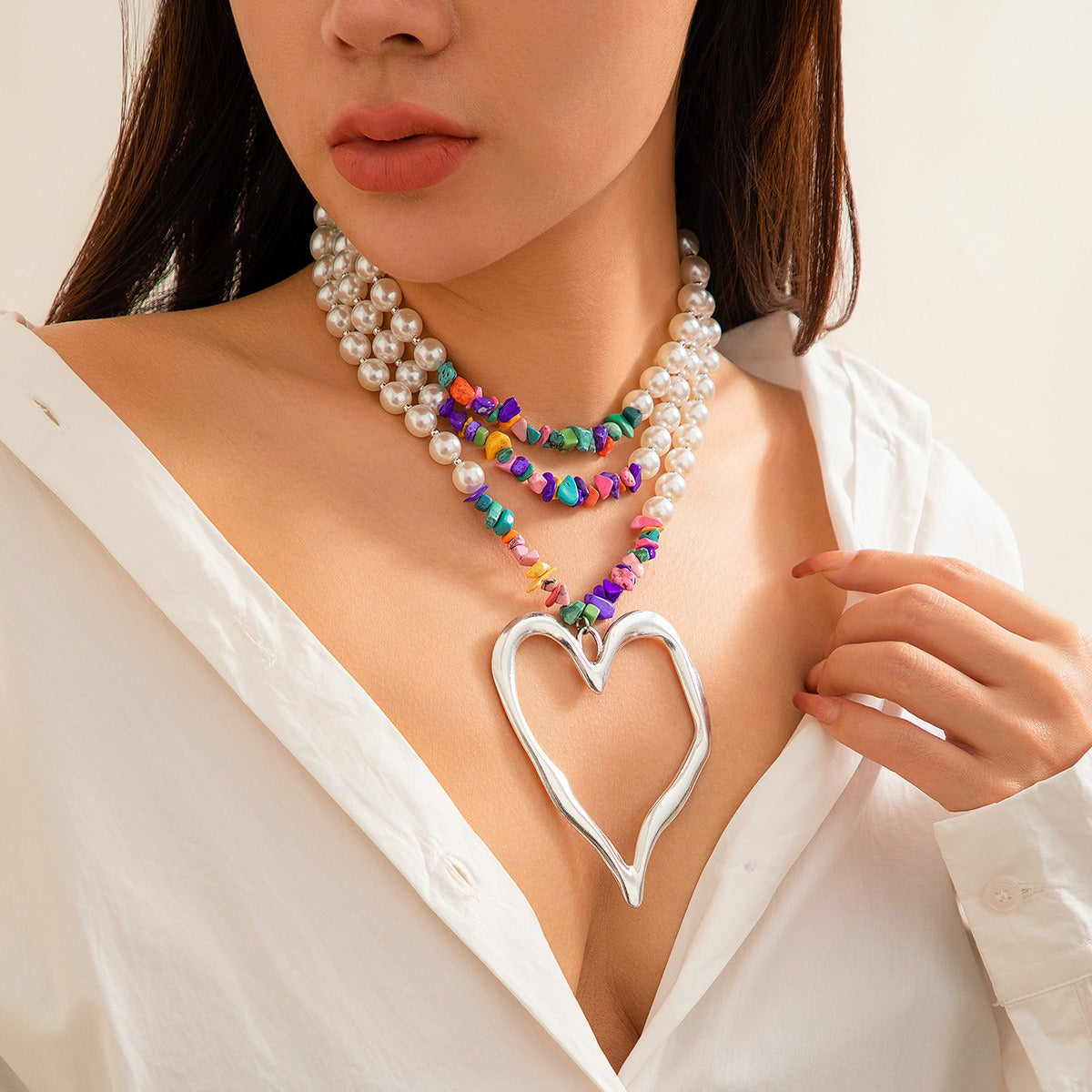 European and American retro multi-layered big love turquoise necklace niche beaded imitation pearl jewelry