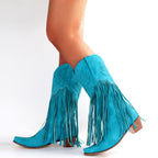 Fashion Women Cowboy Boots Retro Tassel Mid Boots Thick Heel Pointed Toe Western Woman Boots