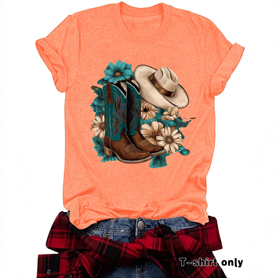 Western Short sleeved women's t-shirt with boots & hats