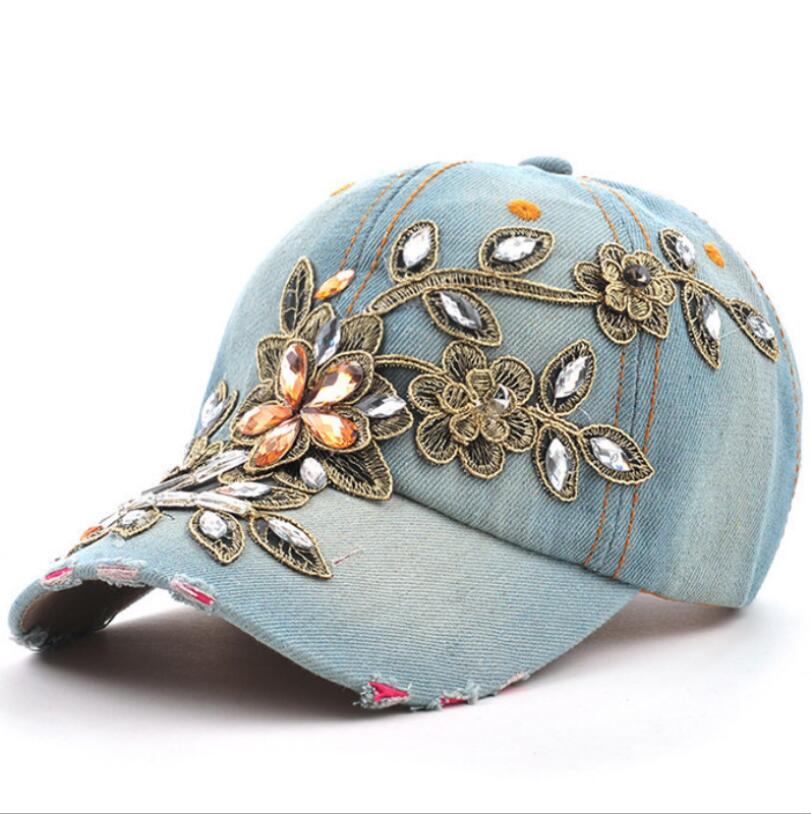 Women's Baseball Diamond Embroidery Flower Denim Snapback Cap
