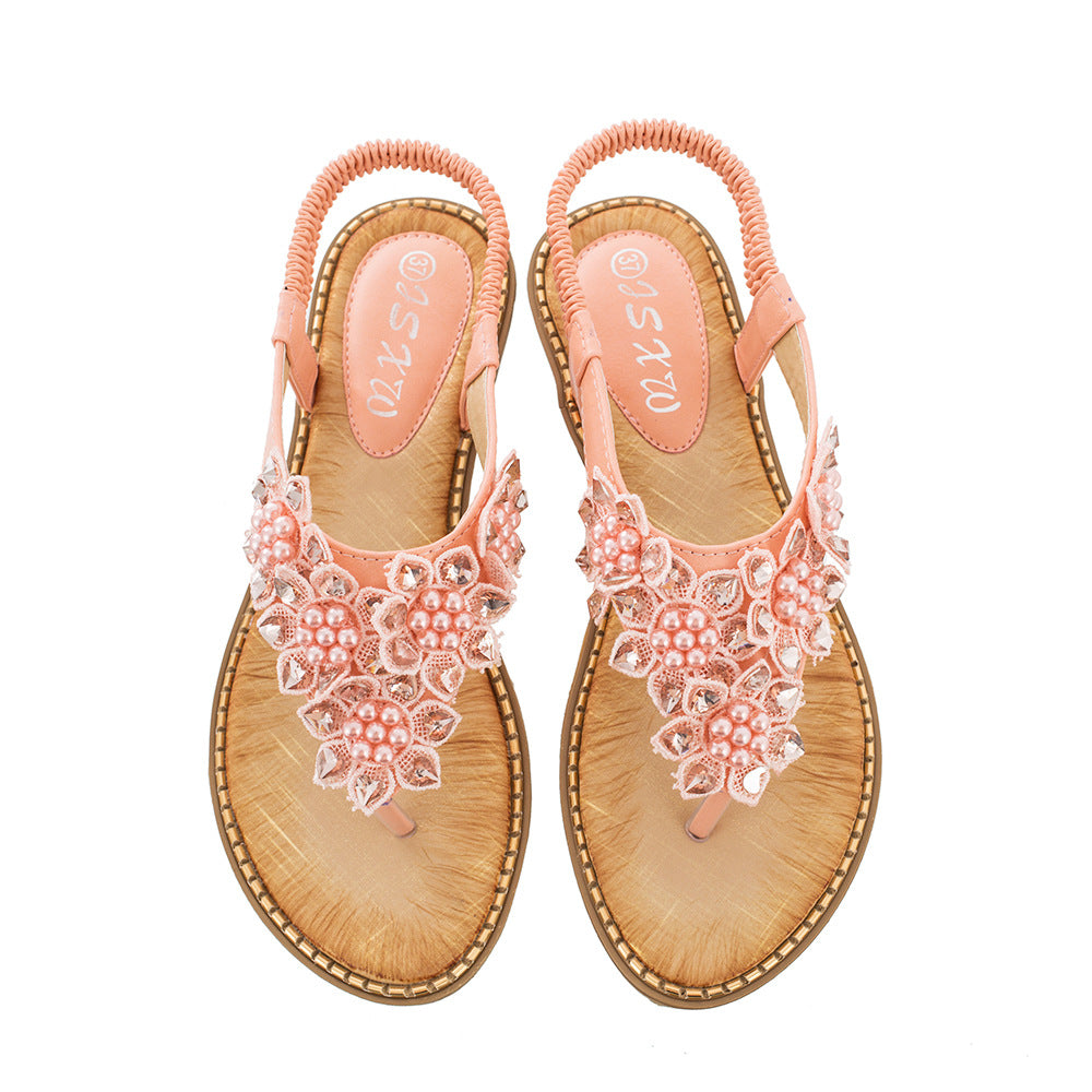 Summer New Bohemian Style Handmade Flower Round Toe Sandals Women's Fashion All-Match Trend Sandals