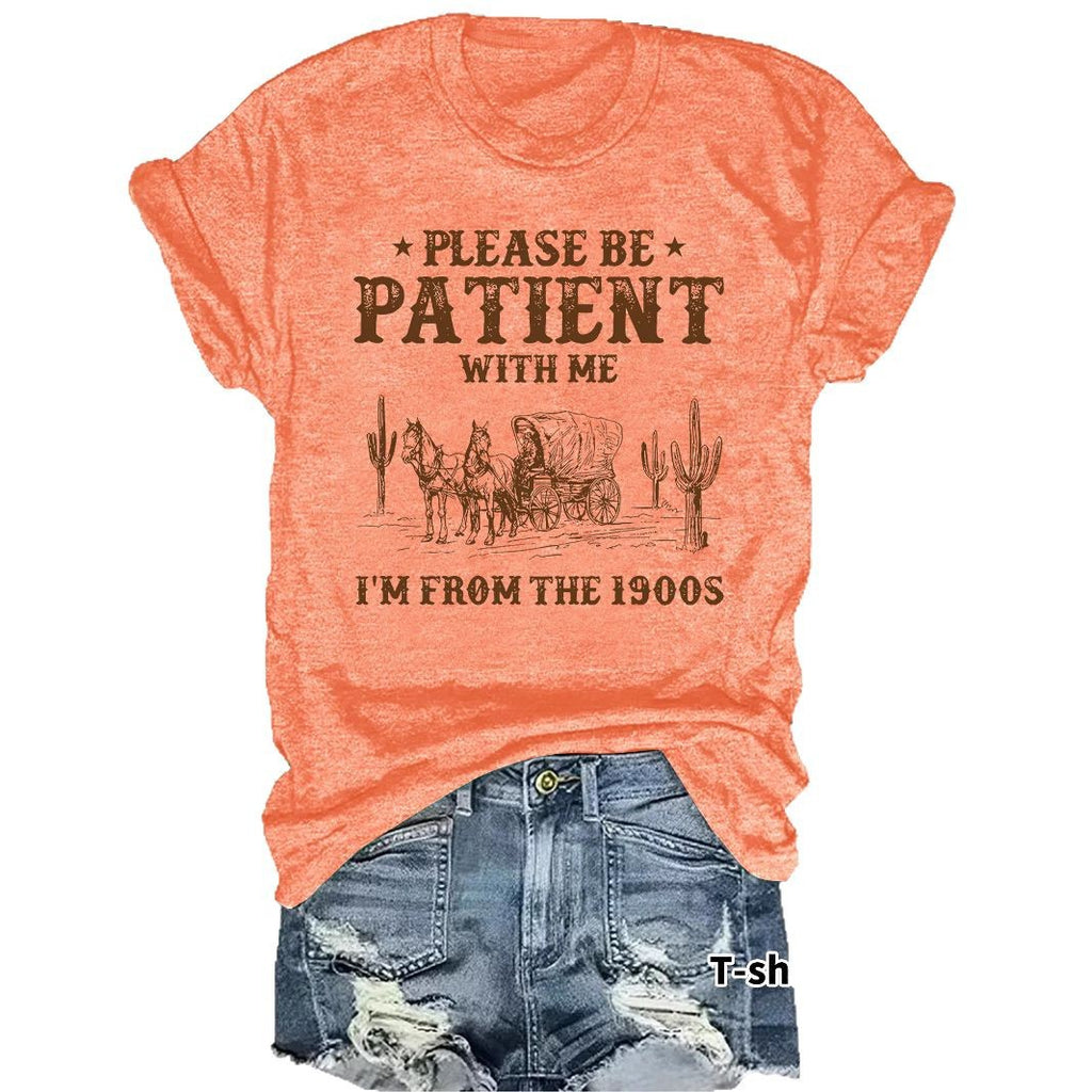 Western denim pattern round neck short sleeved T-shirt