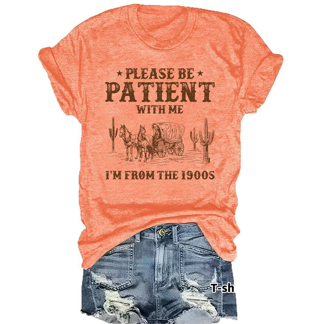 Western denim pattern round neck short sleeved T-shirt