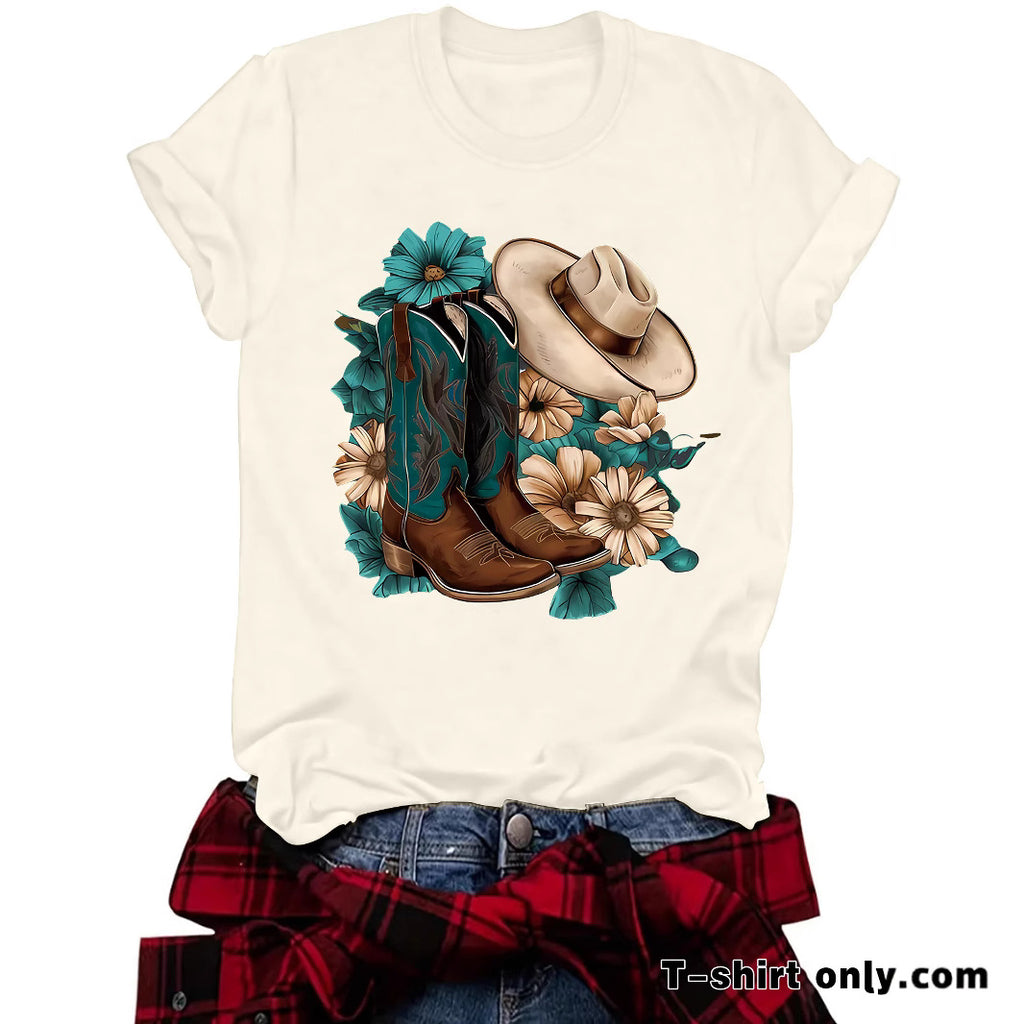 Western Short sleeved women's t-shirt with boots & hats