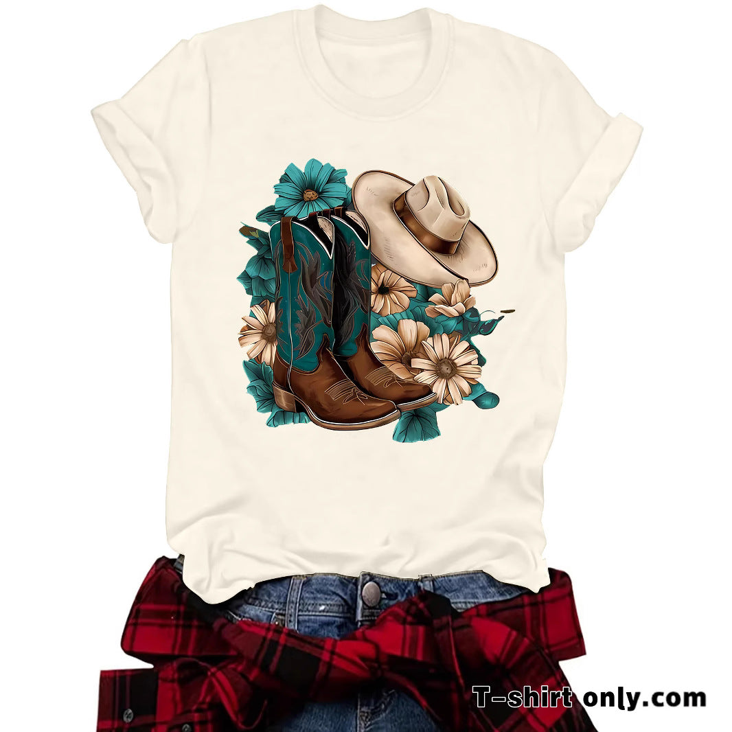 Western Short sleeved women's t-shirt with boots & hats