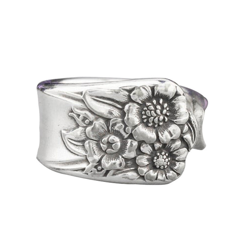 Women's English Garden Spoon Ring Three Flower Jewelry Gift Flower Ring Adjustable Opening