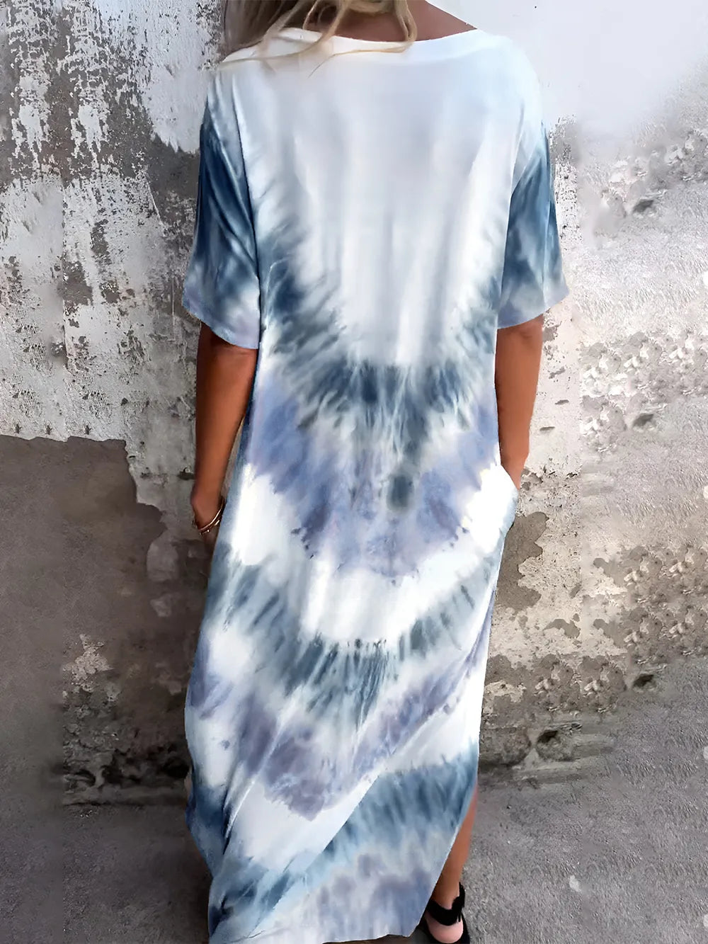 Full Size Pocketed Tie-Dye Short Sleeve Maxi Dress