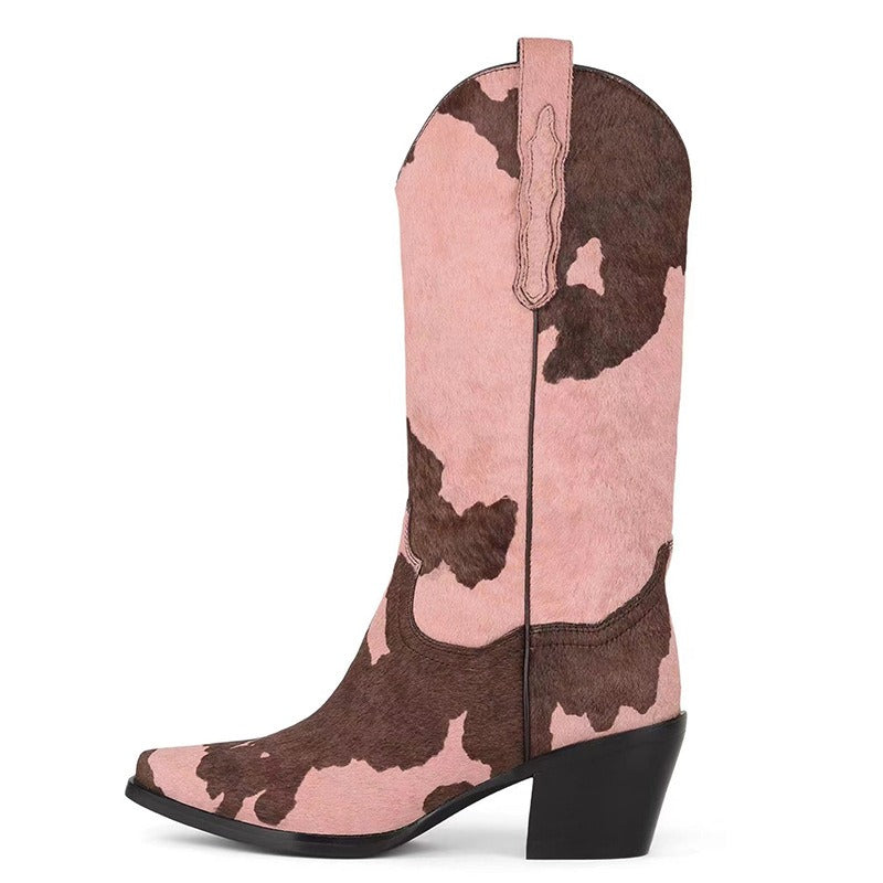 Knee-High Elastic Rider Round Heel Square Toe Western Boots Women's Boots
