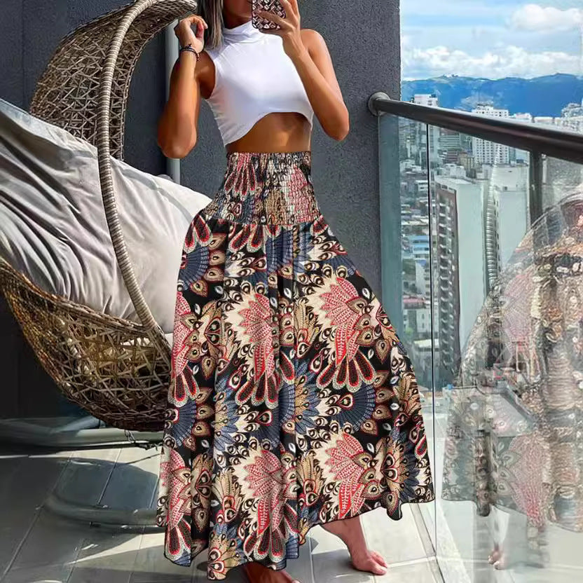 Women's Beach Boho Print Skirts Elastic High Waist