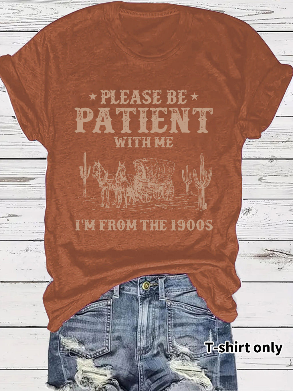 Western denim pattern round neck short sleeved T-shirt