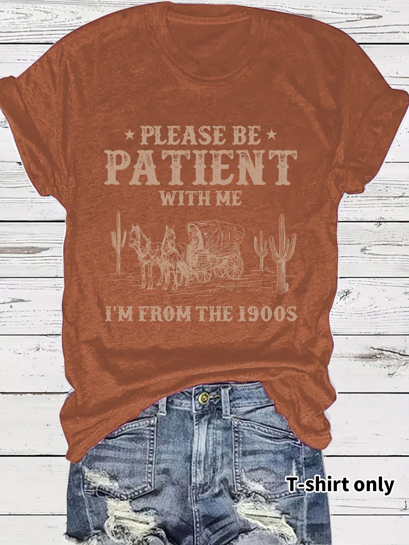 Western denim pattern round neck short sleeved T-shirt