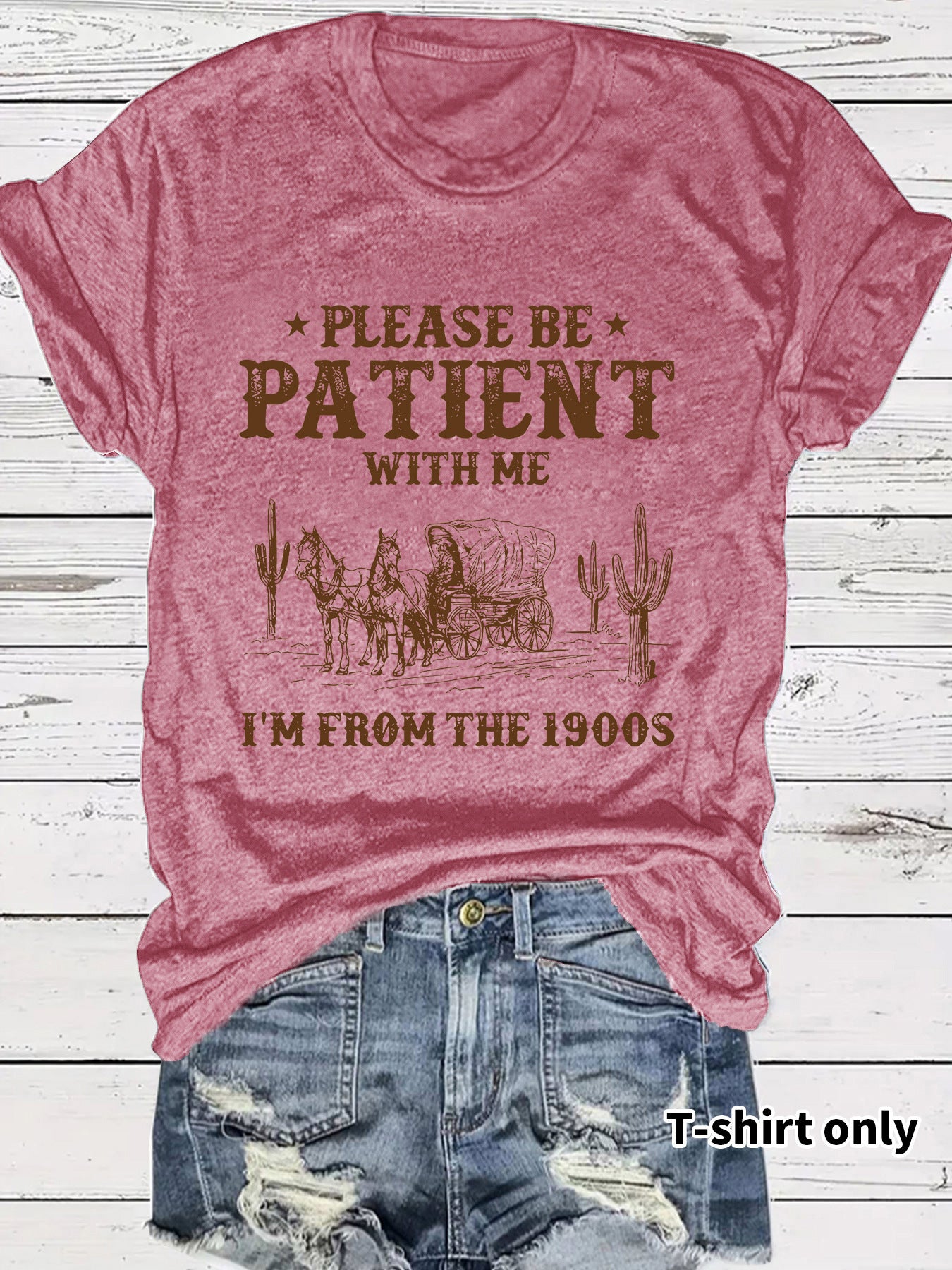 Western denim pattern round neck short sleeved T-shirt