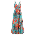 Bohemian printed long skirt with V-neck strap dress