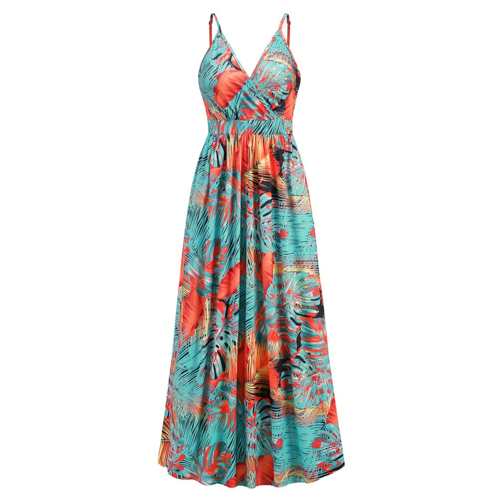Bohemian printed long skirt with V-neck strap dress