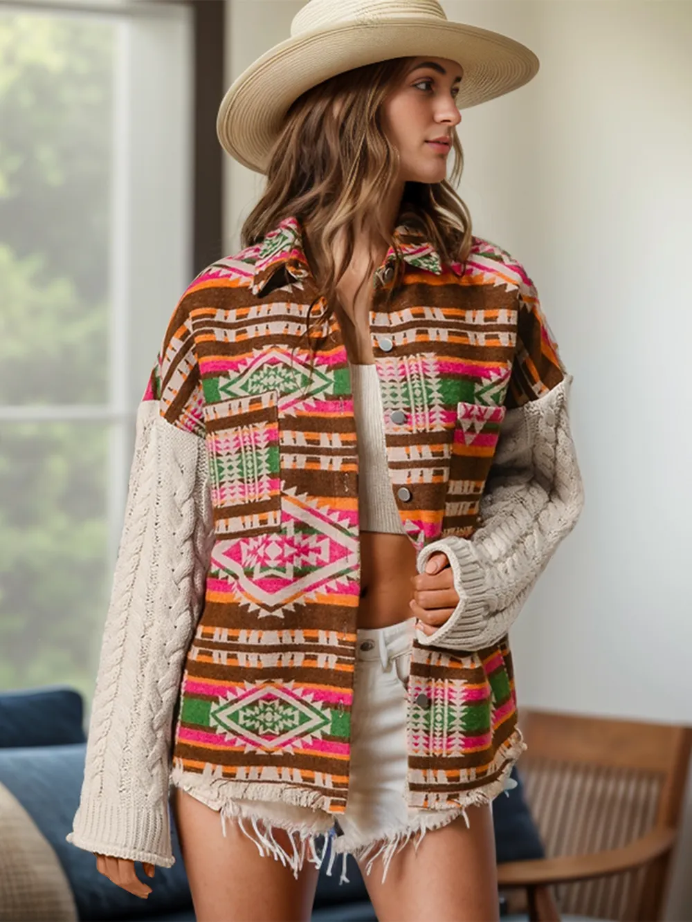 Knitted sleeve patchwork woolen jacket ethnic style loose jacket