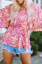 Boho Floral Print Belted Surplice Blouse