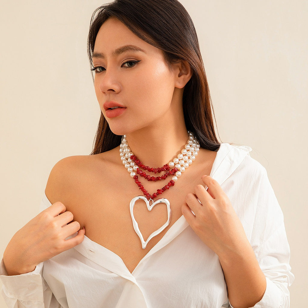 European and American retro multi-layered big love turquoise necklace niche beaded imitation pearl jewelry