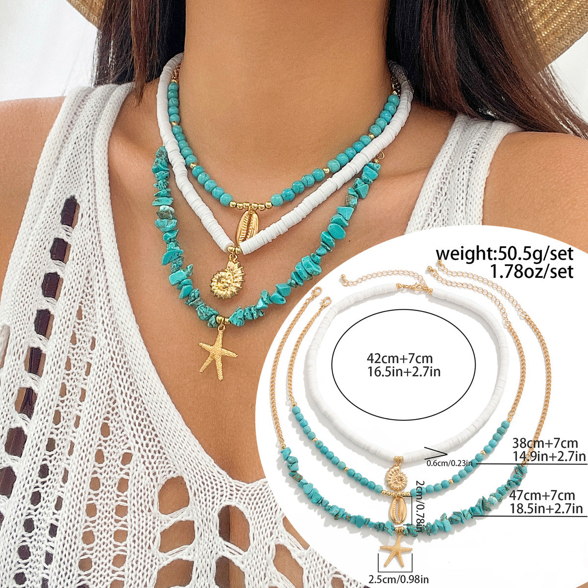 Ocean Wind Shell Turquoise Multi layer Necklace Beach Sea Star Bead Necklace Accessories Female