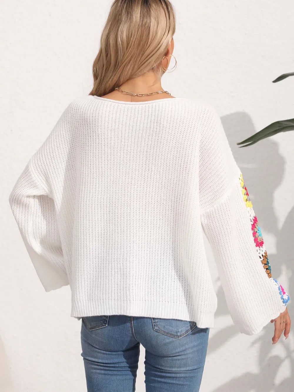 Autumn and winter women's one neck off shoulder loose top randomly mixed color crochet sweater