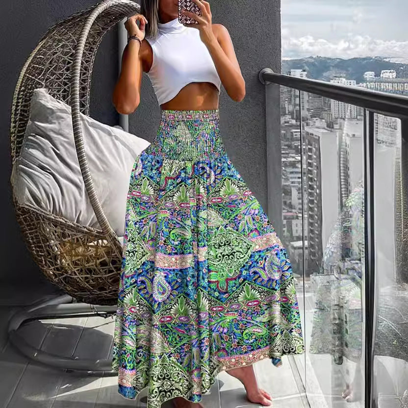 Women's Beach Boho Print Skirts Elastic High Waist