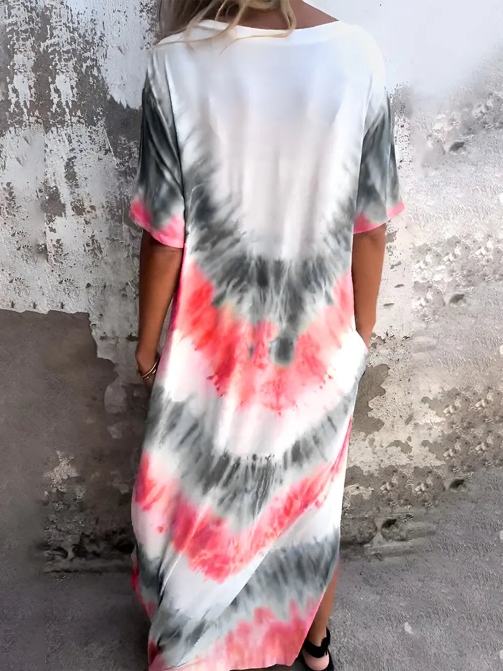 Full Size Pocketed Tie-Dye Short Sleeve Maxi Dress