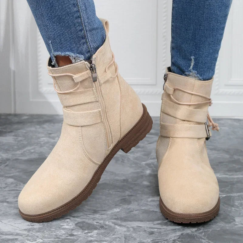 Women Belt Buckle Ankle Boots Chunky Chelsea Boots Mid Heel