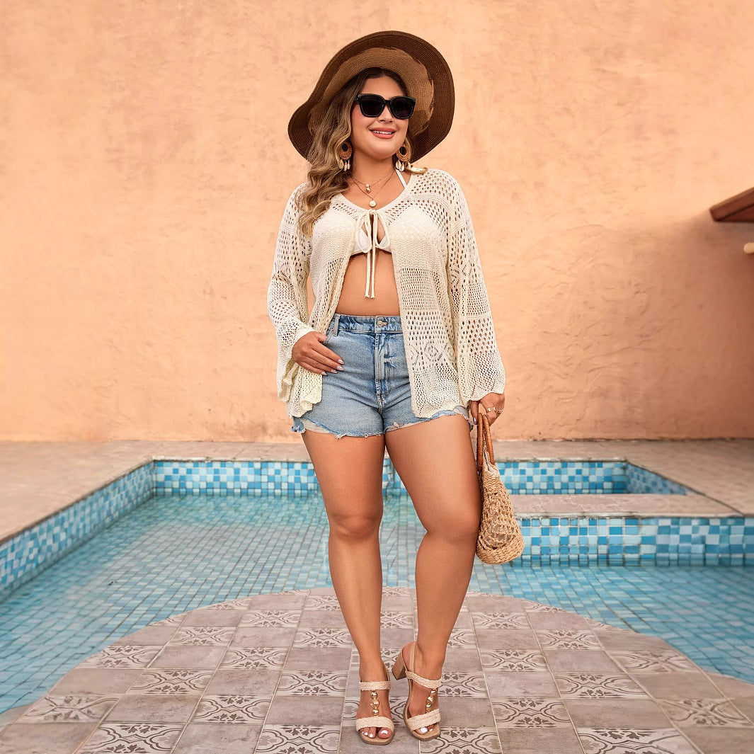 Hollow Knit Cardigan Summer New Plus Size Solid Color Vacation Knit Top