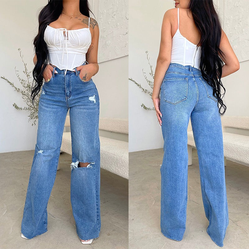 Women's Jeans Loose Casual High Waist Wide Leg Pants Fashion Street Ripped Plus Size Denim