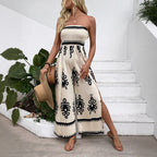 Holiday style ethnic print chest wide-leg split jumpsuit for women