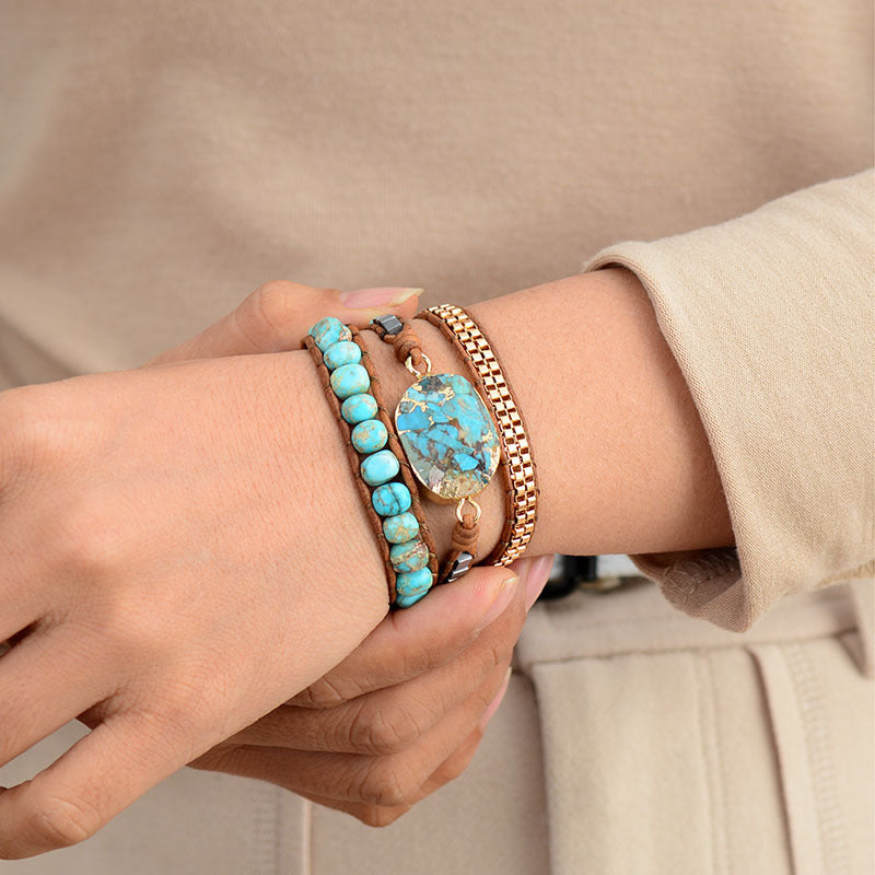 Boho Cut Corner Turquoise Bracelet Jewelry Triple Wrap Hand Braided Leather Cord Bracelet