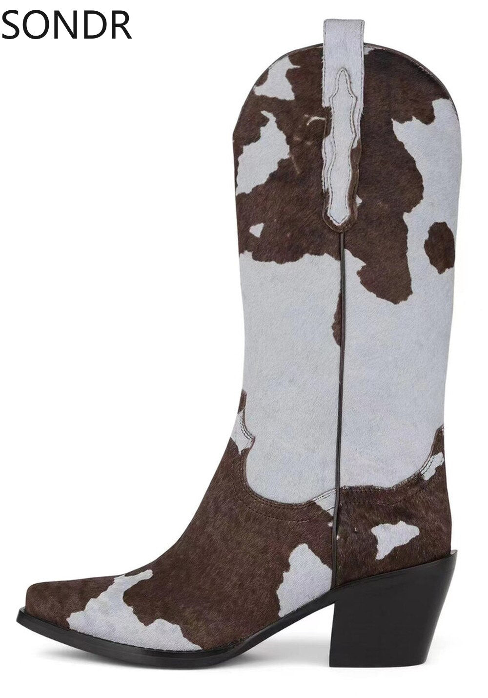Women's Western Pointed Toe Real Horse Fur Mid Calf Boots Chunky Heel Genuine Leather